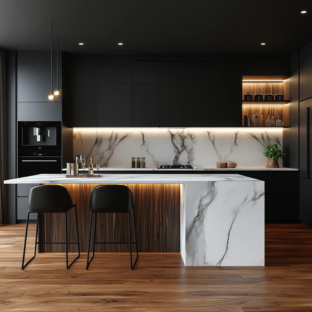 AI‑interior «Kitchen Space»: тёмные фасады и светлый мрамор; мебель и декор